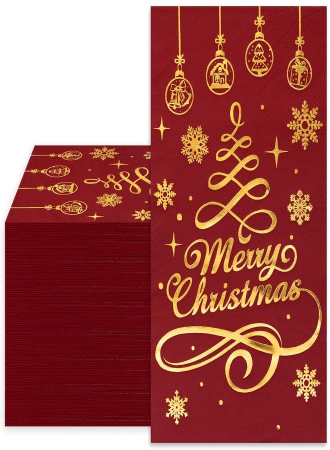 وولاين منديل ورقي للضيوف من والين، بتصميم "عيد ميلاد سعيد"، أحمر وذهبي لامع، ثلاث طبقات، للاستخدام مرة واحدة، مزين بشجرة عيد الميلاد، مناسب لحفلات الشتاء، لتزيين الطاولة، 80 قطعة - Image 1